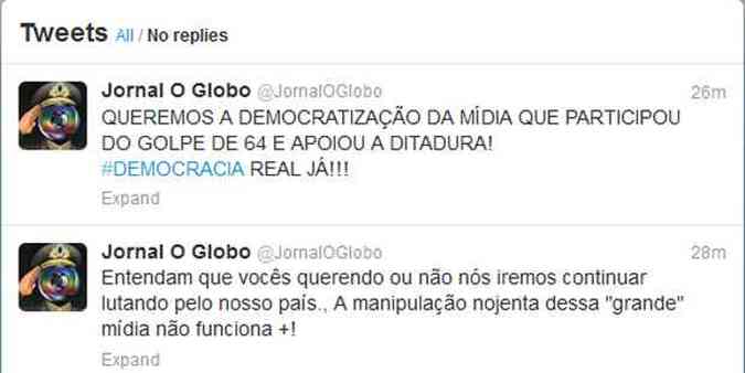 Mensagens enviadas pelo grupo aps invaso  conta do Jornal O Globo(foto: Reproduo/Twitter)