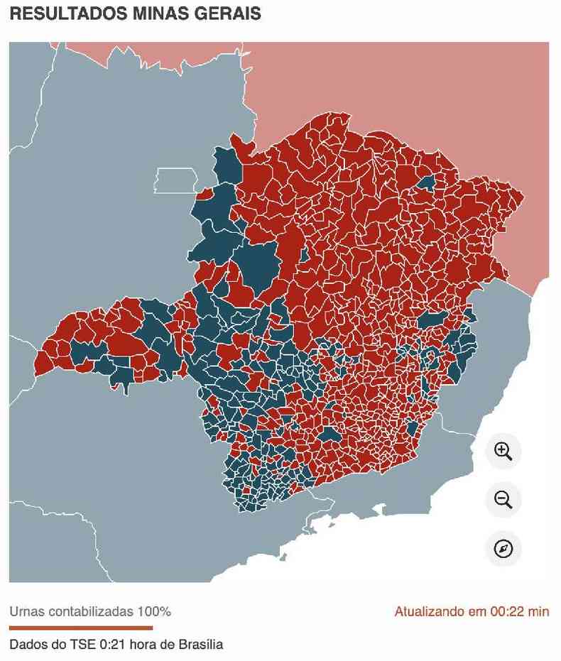 Mapa com cores azuis e vermelha indicando vitria em diferentes distritos de Minas