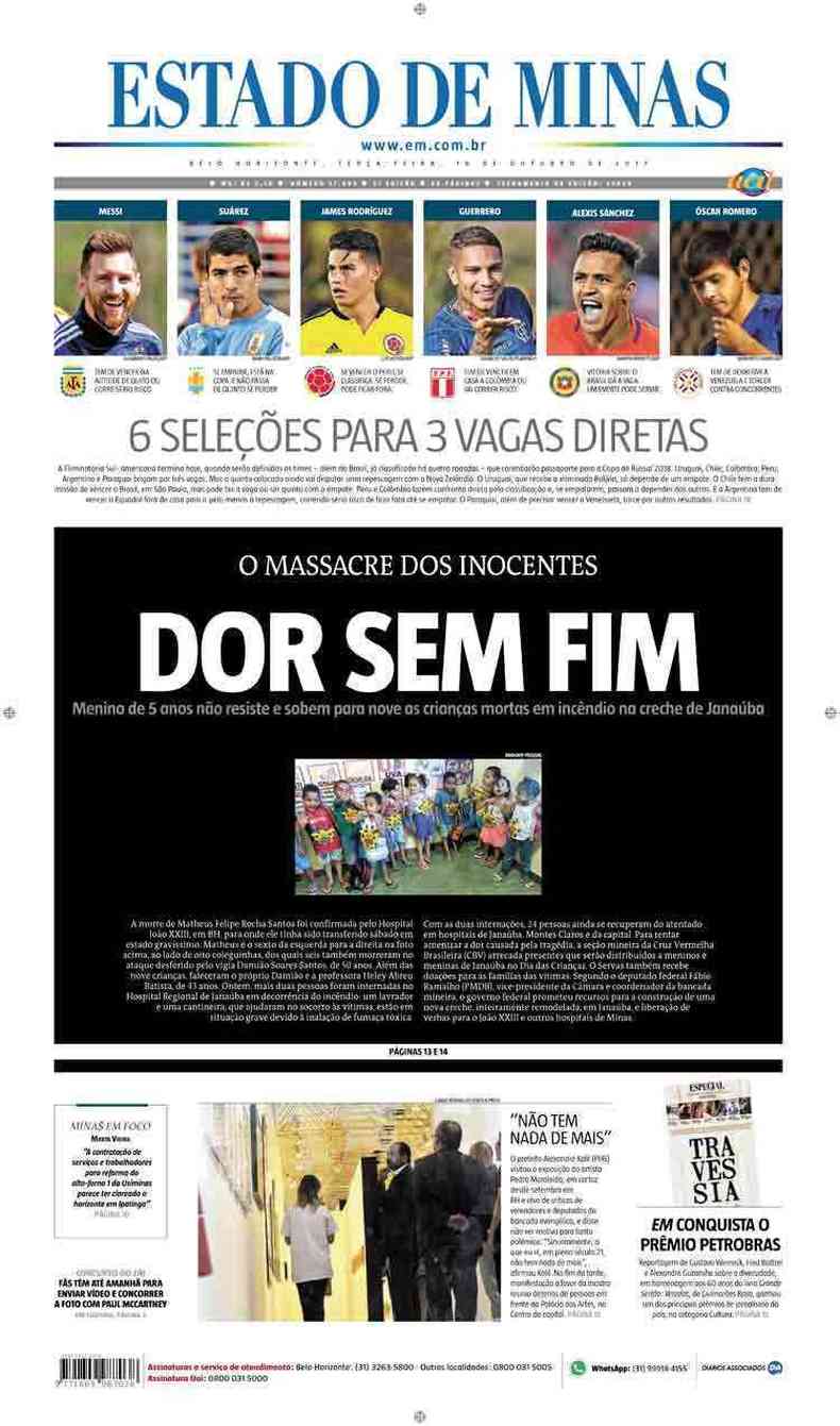 Confira a Capa do Jornal Estado de Minas do dia 10/10/2017