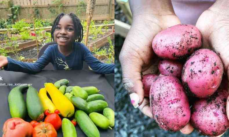 Kendall Rae Johnson de 6 anos mostra sorridentes os produtos de sua plantao