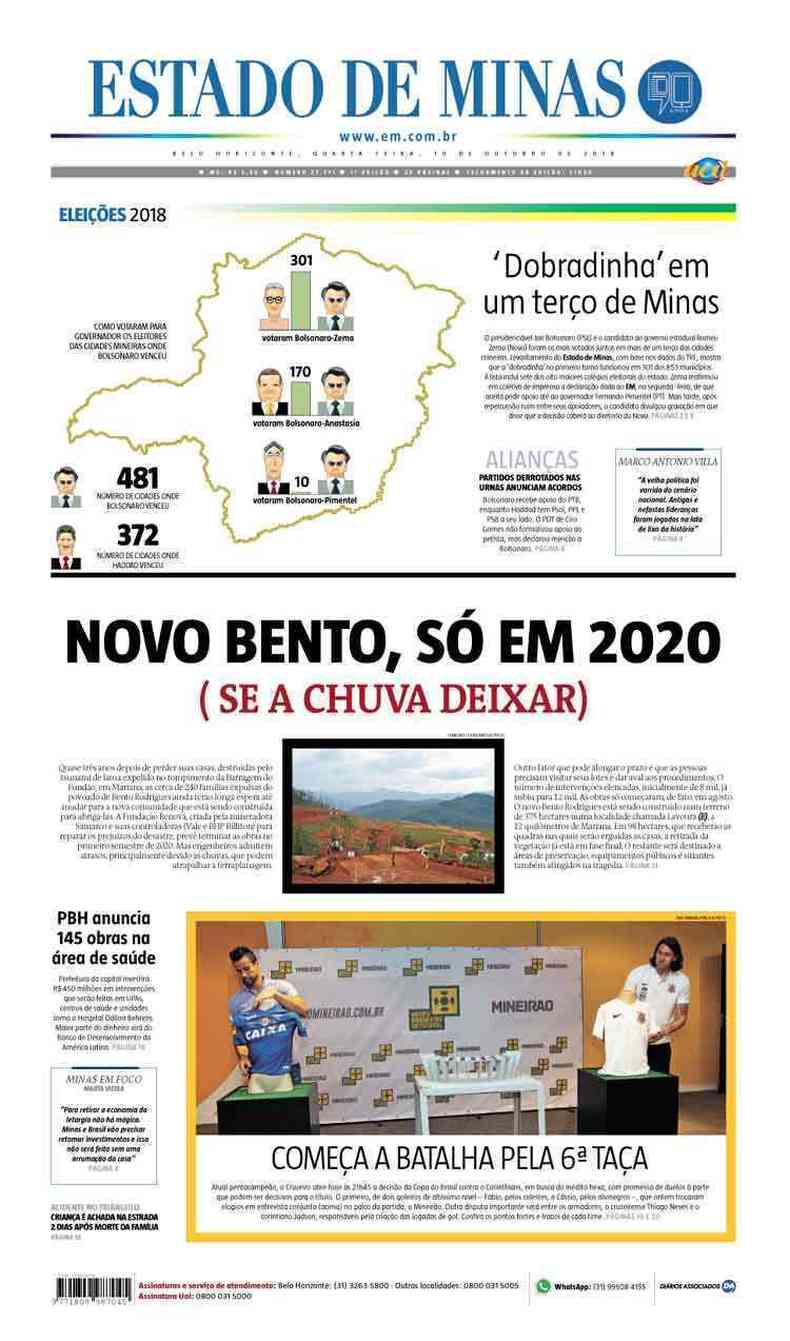 Confira a Capa do Jornal Estado de Minas do dia 10/10/2018(foto: Estado de Minas)