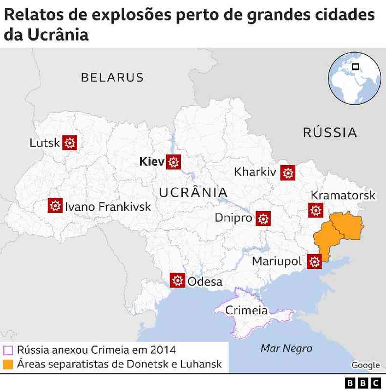 mapa com relatos de explosões em cidades ucranianas