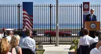 Secretrio dos Estados Unidos, Jhon Kerry discursa na cerimnia de reabertura da embaixada em Cuba(foto: AFP /Adalberto Roque )