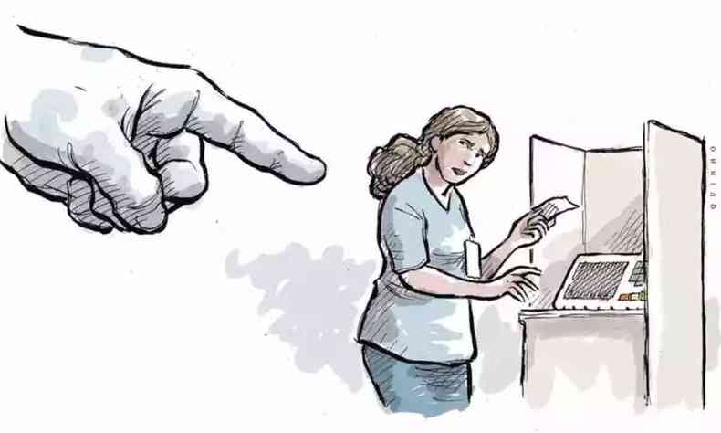 Um desenho com uma mo apontando o dedo para uma eleitora enquanto ela vota na urna eletrnica