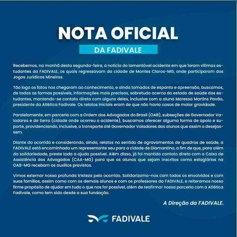 FADIVALE divulgou nota oficial, lamentando o acidente e oferecendo apoio as vtimas(foto: Reproduo/FADIVALE)