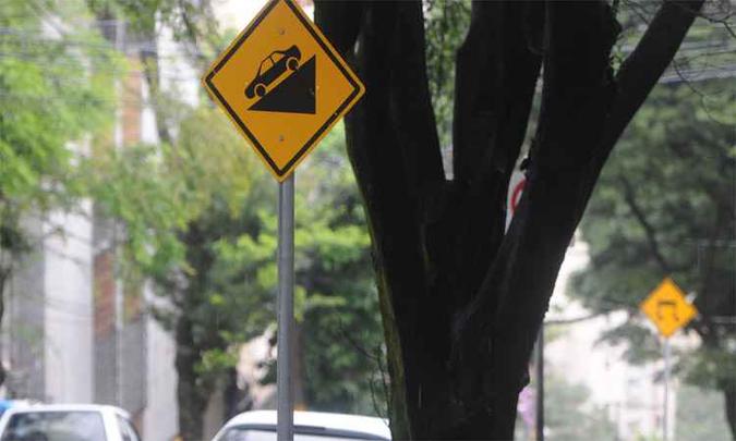 Sinalização aponta rua com declive acentuado: falta de infraestrutura de acessibilidade dificulta ainda mais a mobilidade nessas vias (foto: Leandro Couri/EM/DA Press) Sinalização aponta rua com declive acentuado: falta de infraestrutura de acessibilidade dificulta ainda mais a mobilidade nessas vias (foto: Leandro Couri/EM/DA Press)