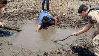 Moradores auxiliam trabalho da Polcia Militar para salvar peixes que ainda sobrevivem(foto: Polcia Militar/Divulgao)