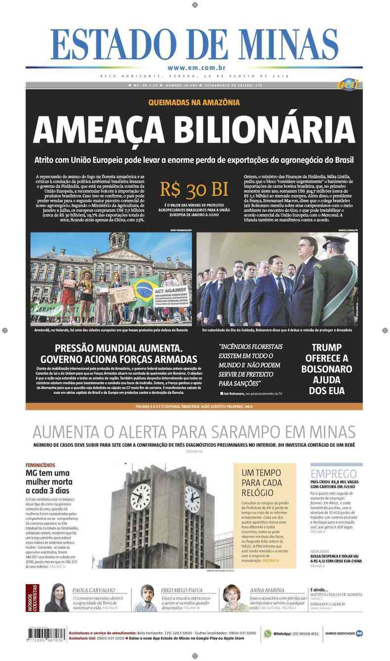 Confira a Capa do Jornal Estado de Minas do dia 24/08/2019(foto: Estado de Minas)