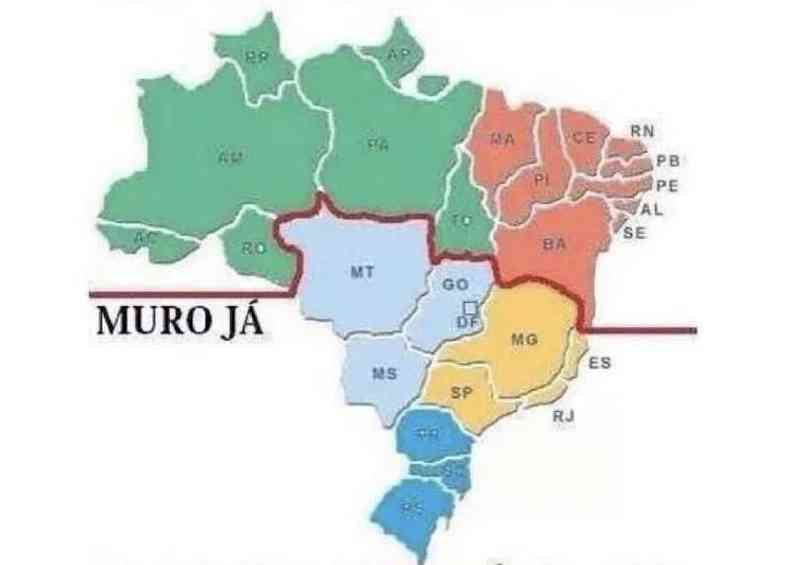 Mapa do Brasil separa estados do Norte e Norteste com linha vermelha e dizeres 'muro j'