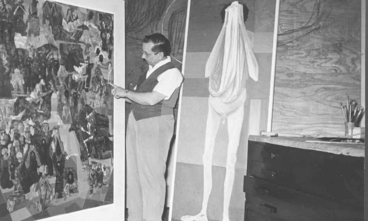 Candido Portinari e obras que compem 'Guerra e paz', criao do brasileiro para a sede da ONU, em Nova York