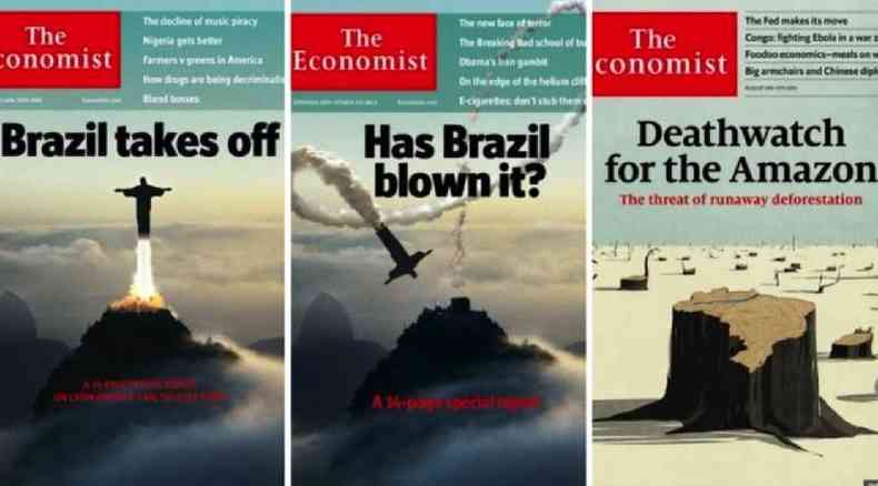 Cristo Redentor foi usado pelo 'Economist' para ilustrar a opinio da revista sobre o Brasil em 2009 e 2013; em 2019, uma capa falava sobre o desmatamento na Amaznia(foto: BBC)