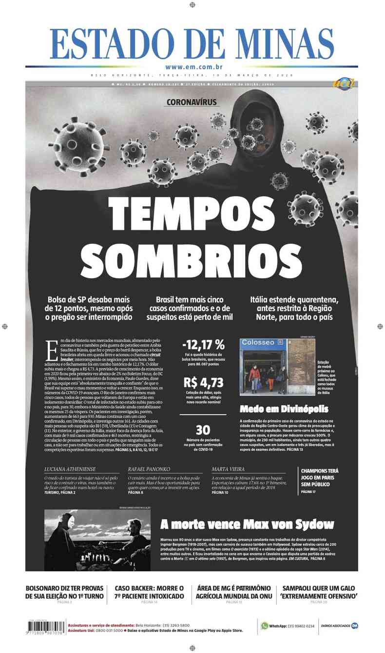 Confira a Capa do Jornal Estado de Minas do dia 10/03/2020(foto: Estado de Minas)