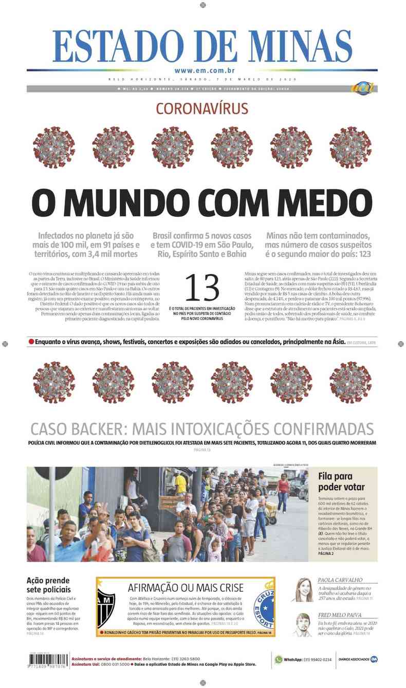 Confira a Capa do Jornal Estado de Minas do dia 07/03/2020(foto: Estado de Minas)