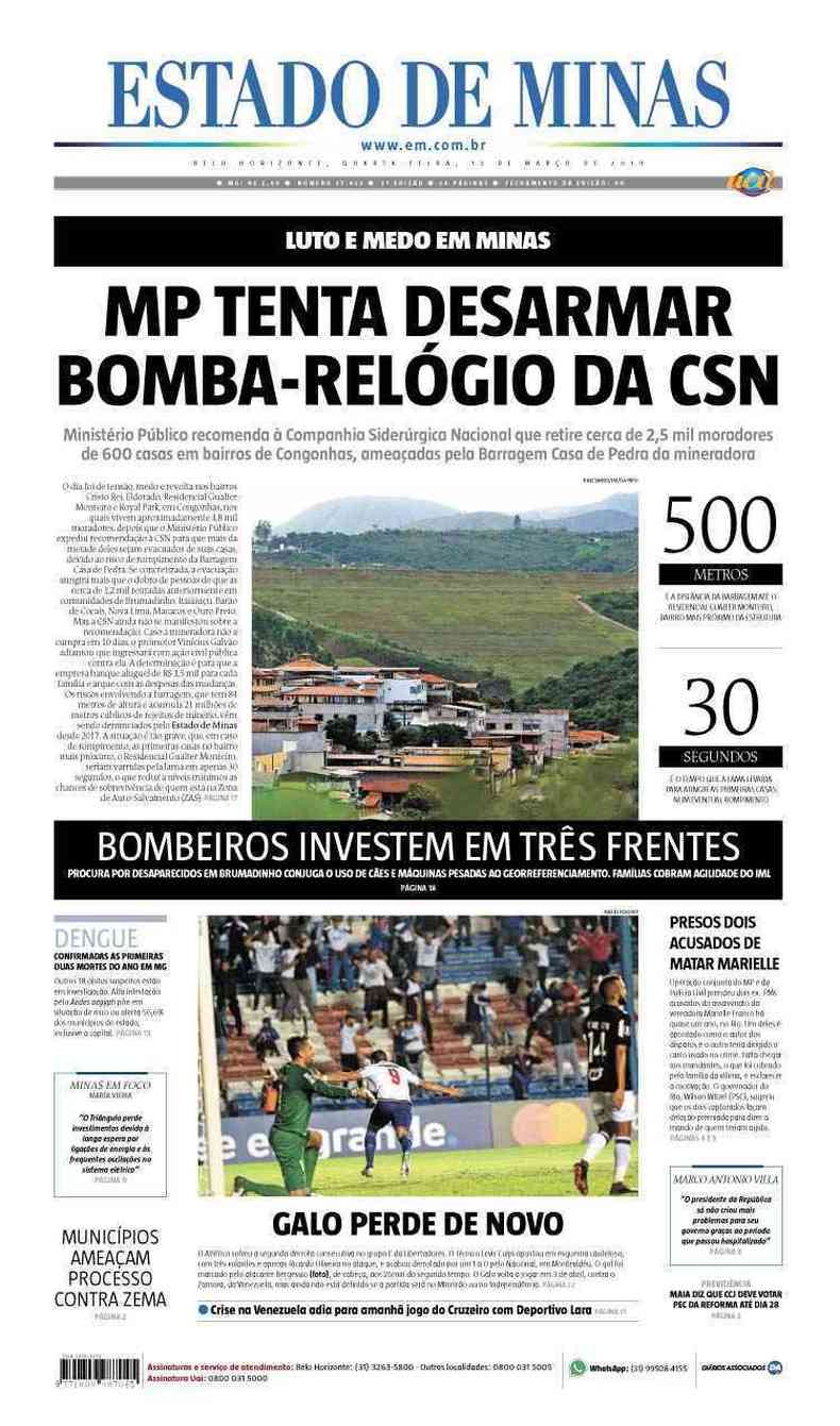 Confira a Capa do Jornal Estado de Minas do dia 13/03/2019(foto: Estado de Minas)