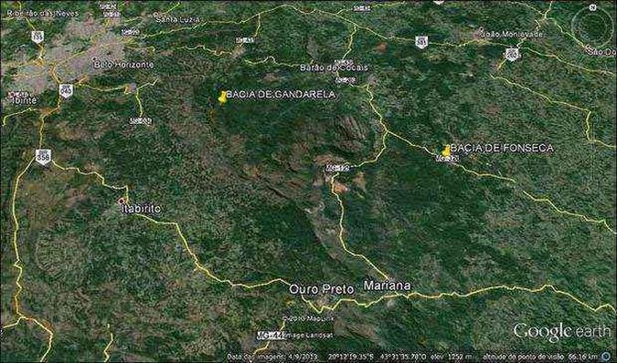 Pontos em amarelo no mapa indicam as bacias do Gandarela e da Fonseca, origem dos f�sseis analisados(foto: Arquivo EM)