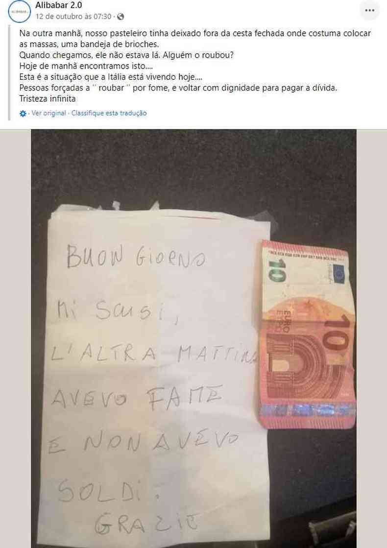 Carta de homem que furtou po para saciar a fome na Itlia