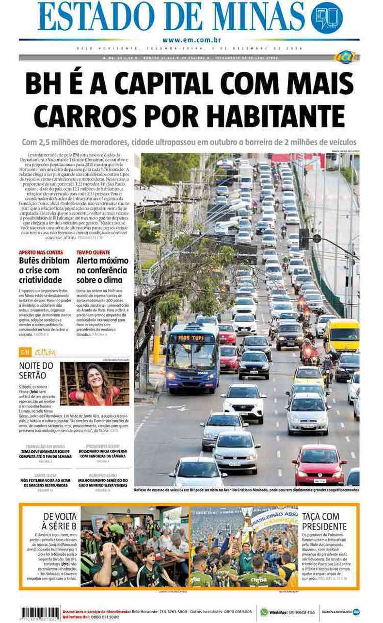 Confira a Capa do Jornal Estado de Minas do dia 03/12/2018(foto: Estado de Minas)