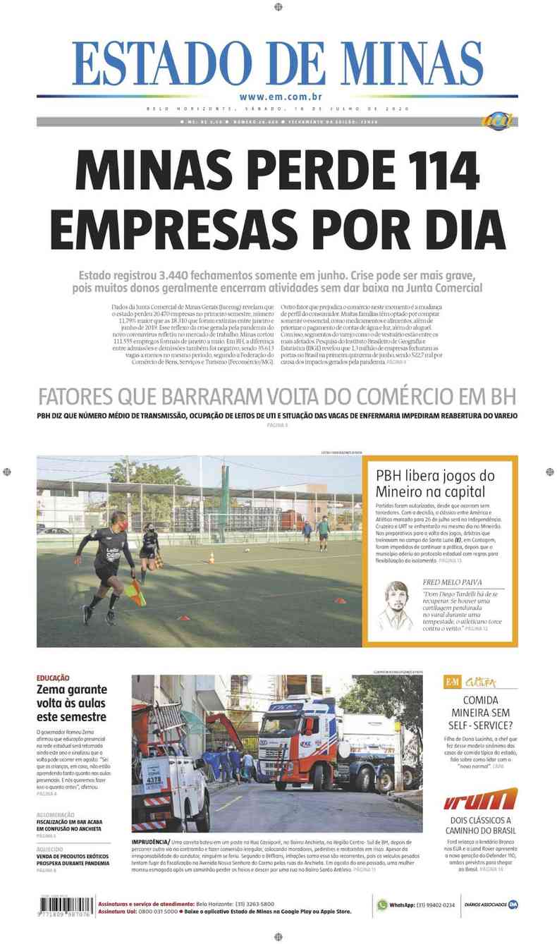 Confira a Capa do Jornal Estado de Minas do dia 18/07/2020(foto: Estado de Minas)