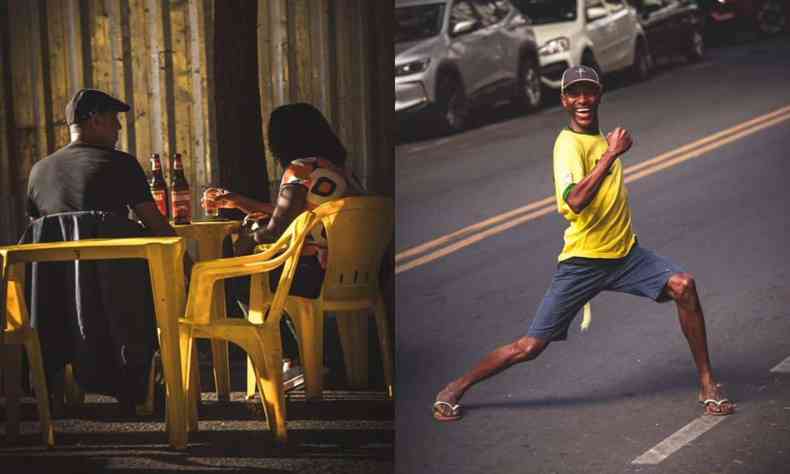 Montagem de duas fotos:  esquerda, um casal toma cerveja em um bar;  direita, um 'flanelinha' faz pose para a cmera