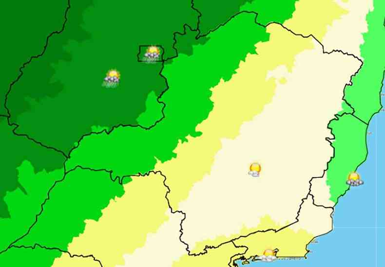 Faixa em verde claro representa a chegada de pancadas de chuva, restante do estado nublado mapa previso do tempo MG
