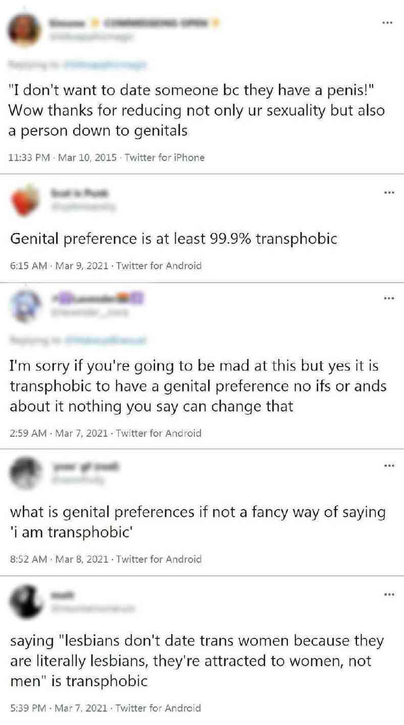 Mensagens no Twitter argumentam que preferncias genitais so transfbicas