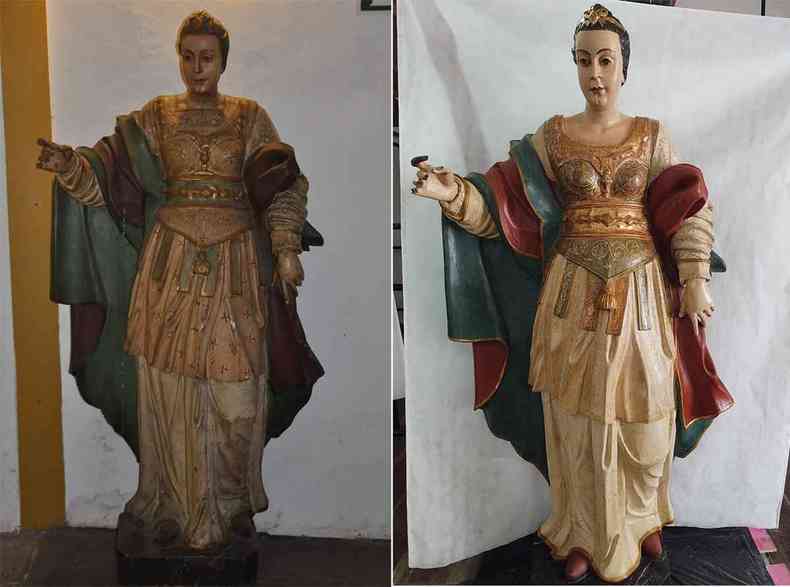 Antes e depois da restaurao da imagem de Santa Brbara