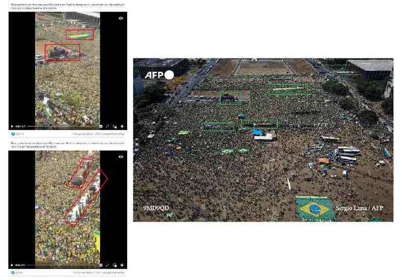 Comparação entre capturas de tela do vídeo viral (E) e de uma fotografia da manifestação em apoio ao presidente Jair Bolsonaro em Brasília, em 7 de setembro de 2021 (Sergio Lima / AFP) 