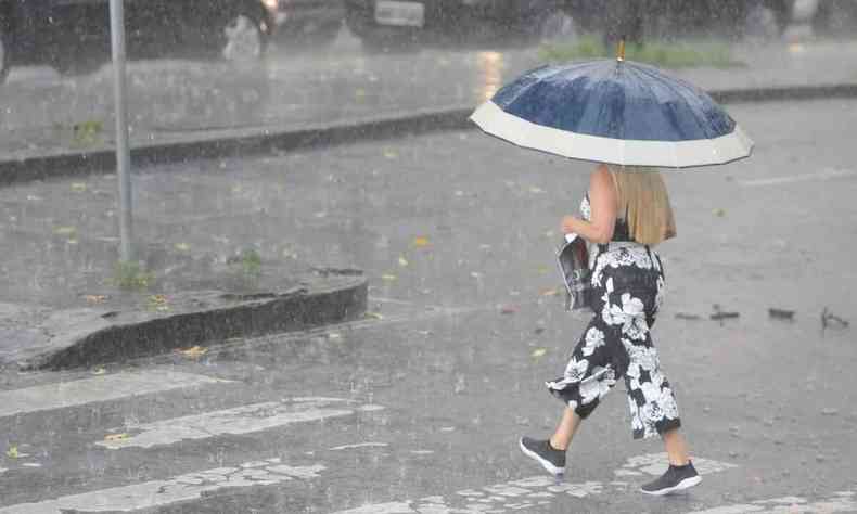 Mulher atravessa rua com sombrinha 