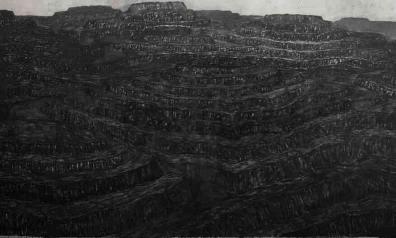 Pintura de Eduardo Hargreaves, em preto e branco, mostra paisagem devastada pela minerao