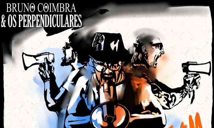 Ilustrao de capa de disco traz imagem dos integrantes do trio Bruno Coimbra e os Perpendiculares segurando megafones