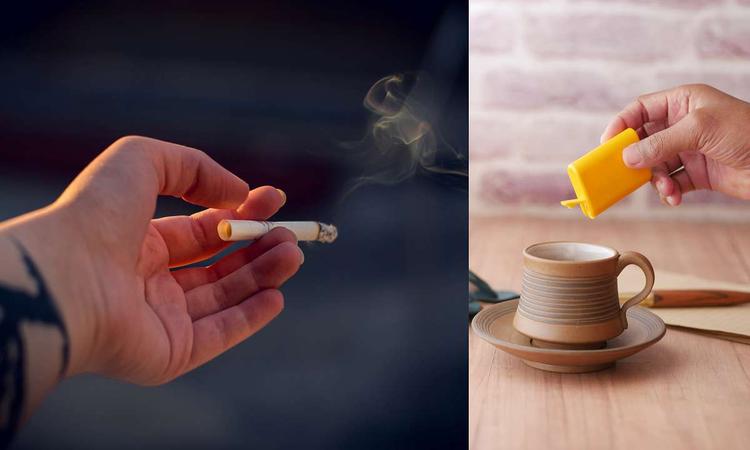 Mão segurando cigarro e outra adoçando bebida