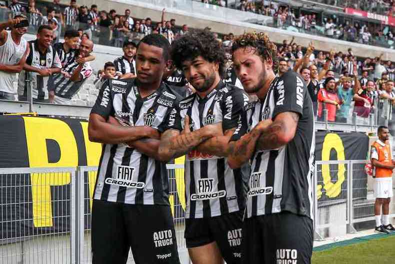 Alerrandro, Luan e Guga comemoram gol do Atltico em vitria por 3 a 2 sobre o Amrica, pelo Campeonato Mineiro de 2019(foto: Bruno Cantini/Atltico)