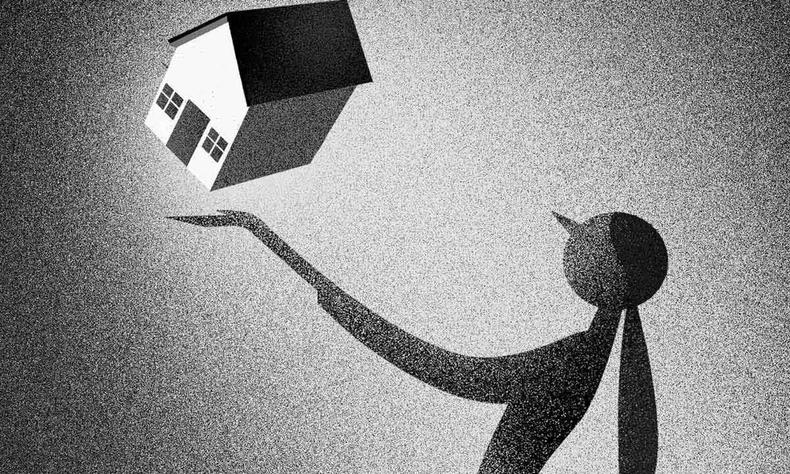 Ilustrao mostra mulher, de perfil, segurando uma casa, ao alto