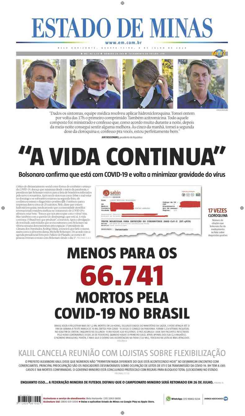 Confira a Capa do Jornal Estado de Minas do dia 08/07/2020(foto: Estado de Minas)