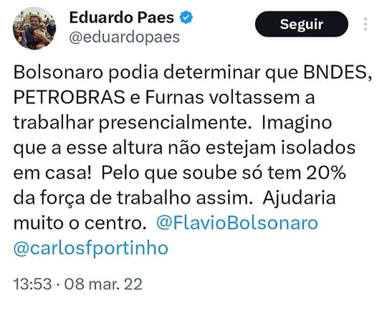 Captura de tela mostra tute de Eduardo Paes pedindo volta ao trabalho presencial ainda durante o governo Bolsonaro