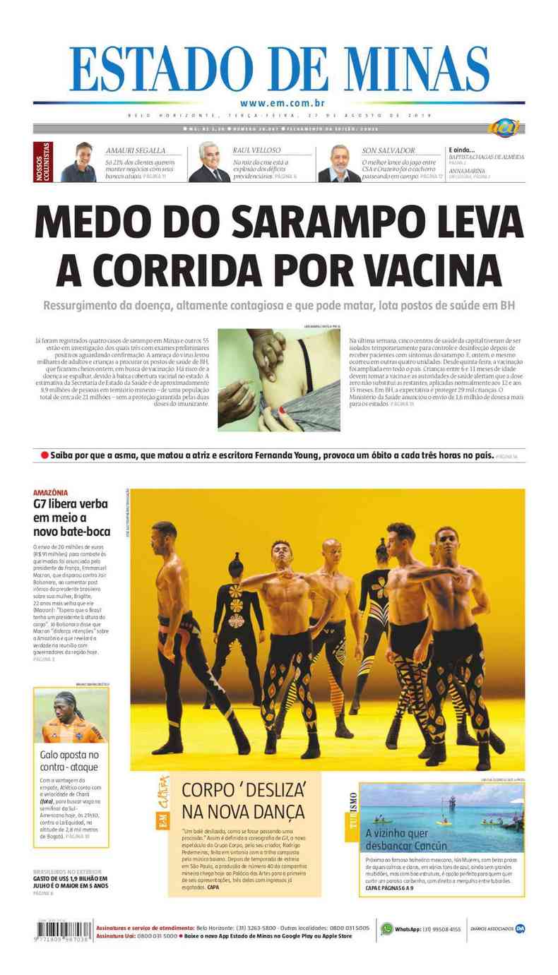 Confira a Capa do Jornal Estado de Minas do dia 27/08/2019(foto: Estado de Minas)