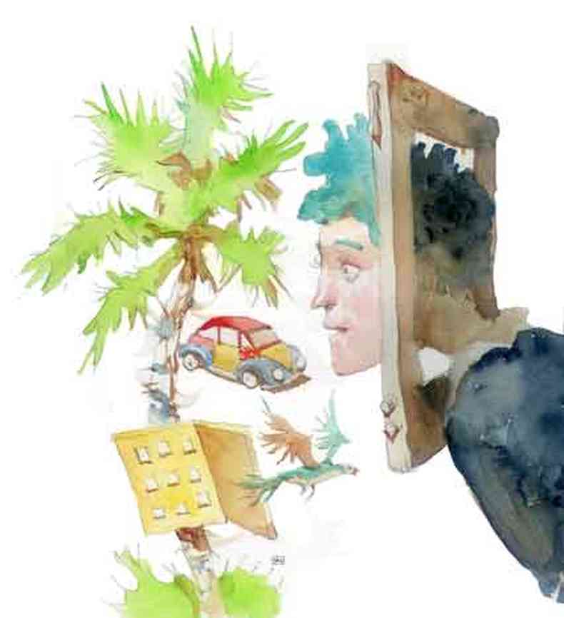 ilustrao mostra homem com a cabea dentro de moldura olhando rvore e um fusca pintado de amarelo e azul