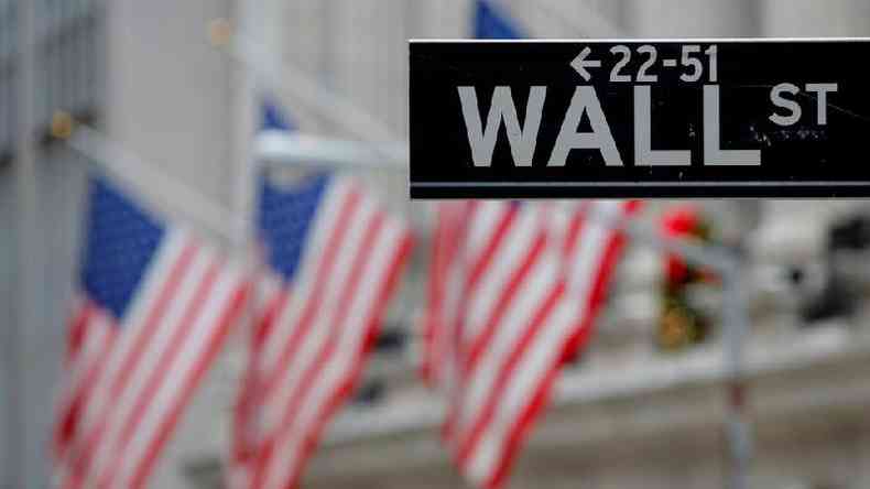 Placa de endereo com os dizeres 'Wall Street' e bandeiras dos EUA ao fundo