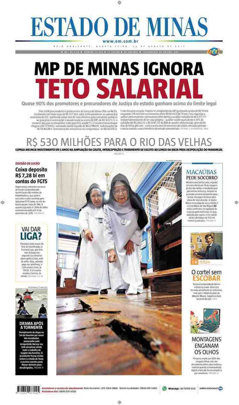 Confira a Capa do Jornal Estado de Minas do dia 30/08/2017