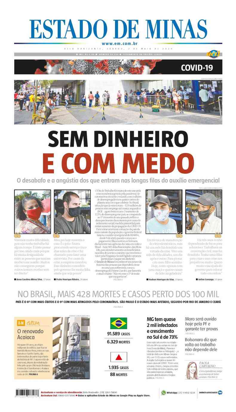 Confira a Capa do Jornal Estado de Minas do dia 02/05/2020(foto: Estado de Minas)