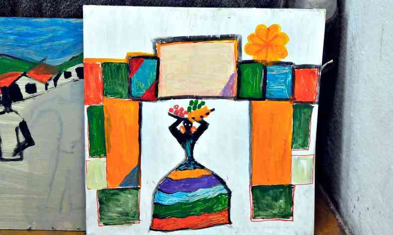 quadro de gerson flores mostra figura de baiana com gamela na cabeça, sob pórtico multicolorido