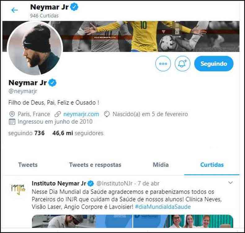 Horas depois, perfil de Neymar descurtiu as postagens contra Bolsonaro(foto: Reproduo/Twitter)