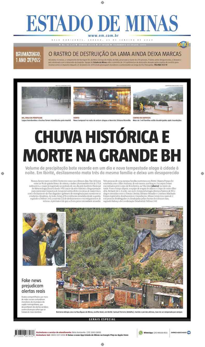 Confira a Capa do Jornal Estado de Minas do dia 25/01/2020(foto: Estado de Minas)