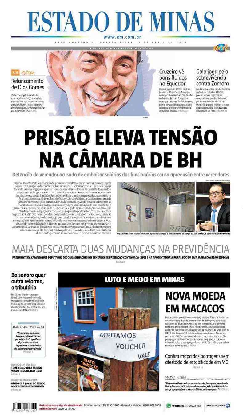 Confira a Capa do Jornal Estado de Minas do dia 03/04/2019(foto: Estado de Minas)