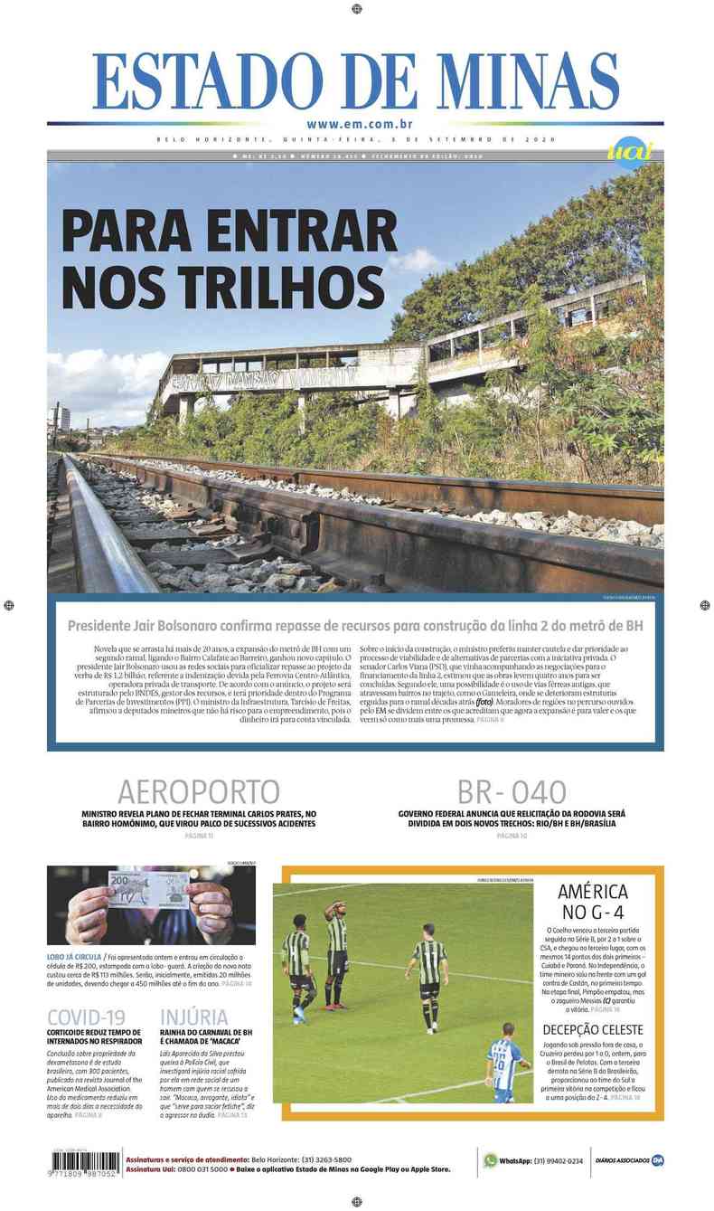 Confira a Capa do Jornal Estado de Minas do dia 03/09/2020(foto: Estado de Minas)