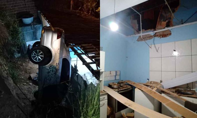 Montagem com carro cado dentro de casa e os danos causados na residncia