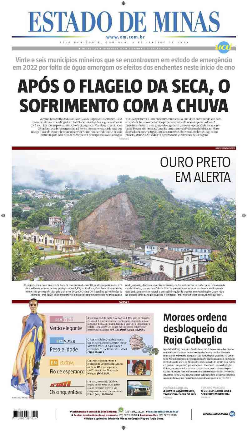 Confira a Capa do Jornal Estado de Minas do dia 08/01/2023
