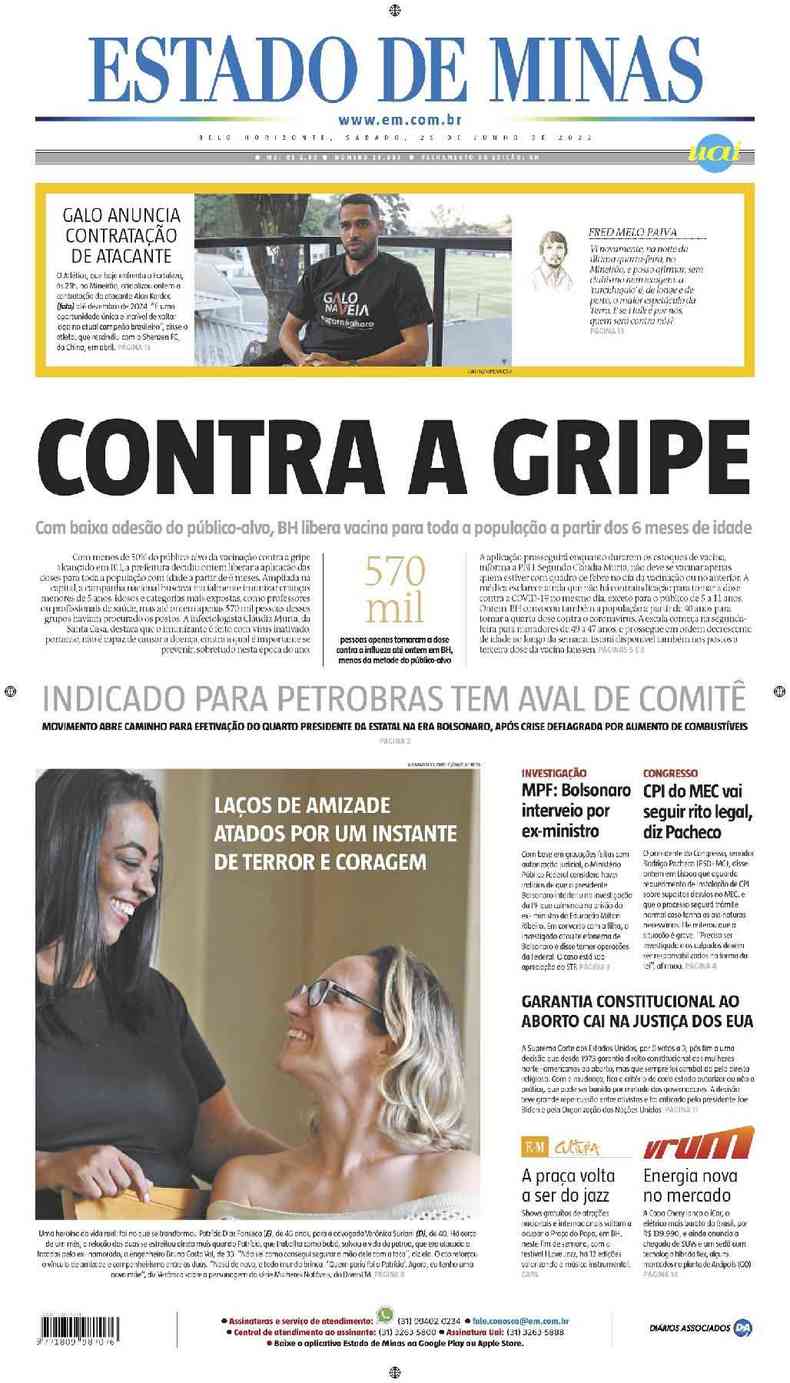 Confira a Capa do Jornal Estado de Minas do dia 25/06/2022