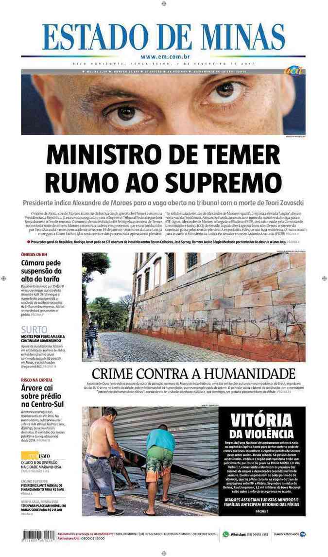 Confira a Capa do Jornal Estado de Minas do dia 07/02/2017
