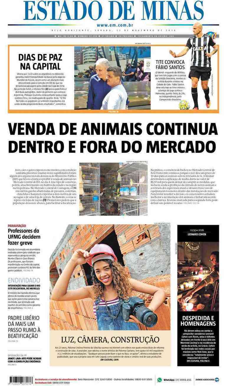 Confira a Capa do Jornal Estado de Minas do dia 12/11/2016